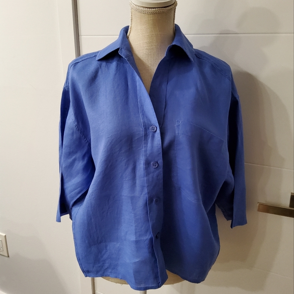 Magaschoni Linen Boxy Button Front Shirt Size XS
